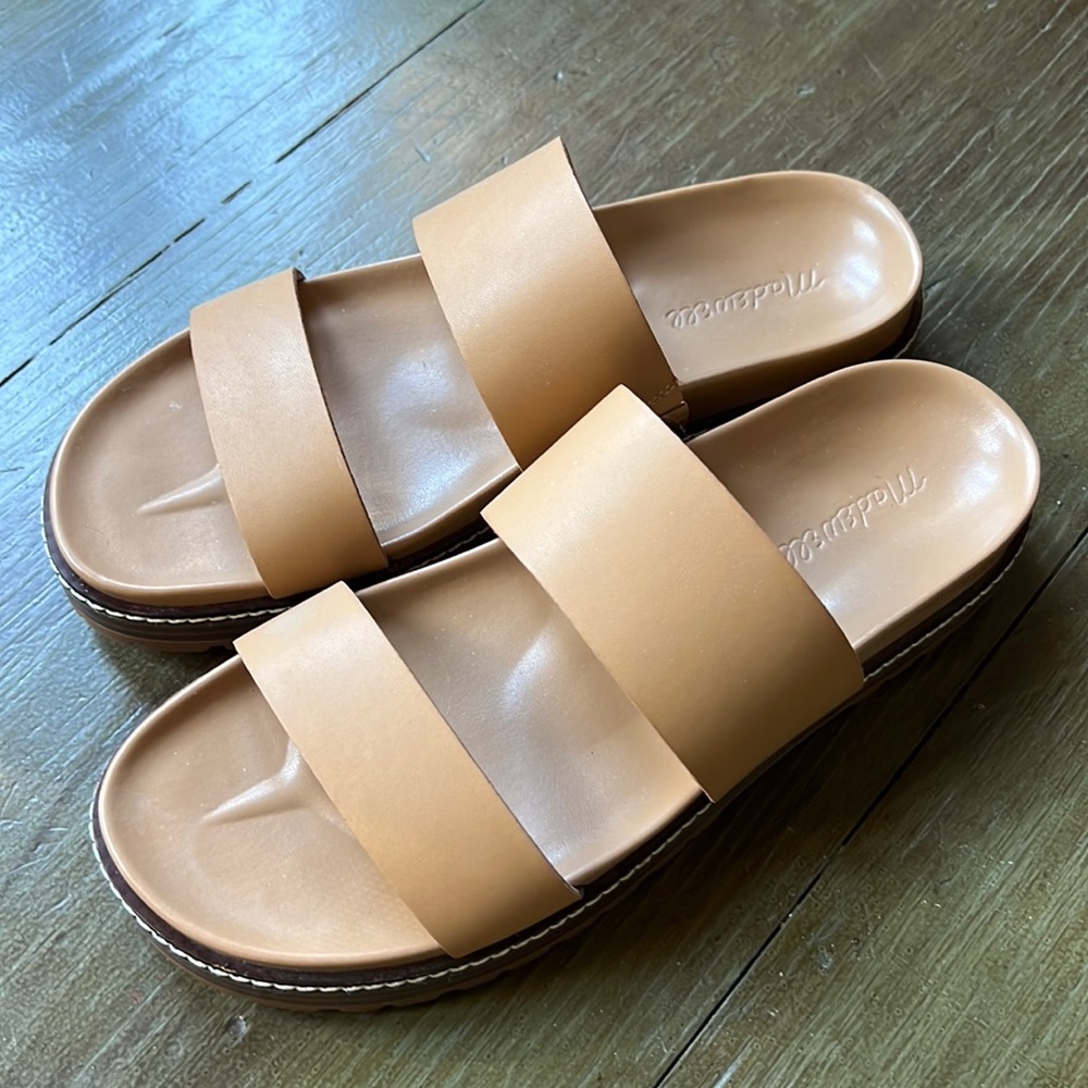 Madewell Charley two strap leather flat form sandal.